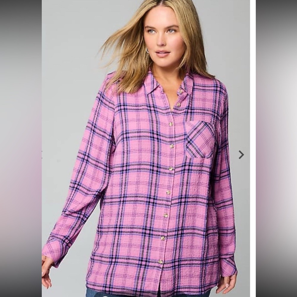 J.Jill Soft Crinkled Plaid Long Sleeve Button Down Tunic Shirt Pink Lilac Top XL